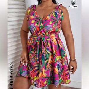 SHEIN WYWH Plus Tropical Print Tie Shoulder Belted Dress